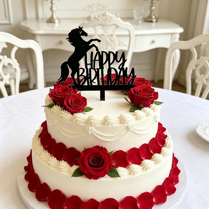 Black Acrylic Horse Happy Birthday Cake Topper, Horse Theme Party Decoration for Boys, Girls, Men, Women & Kids Birthday Party Decoration Supplies (Design2)