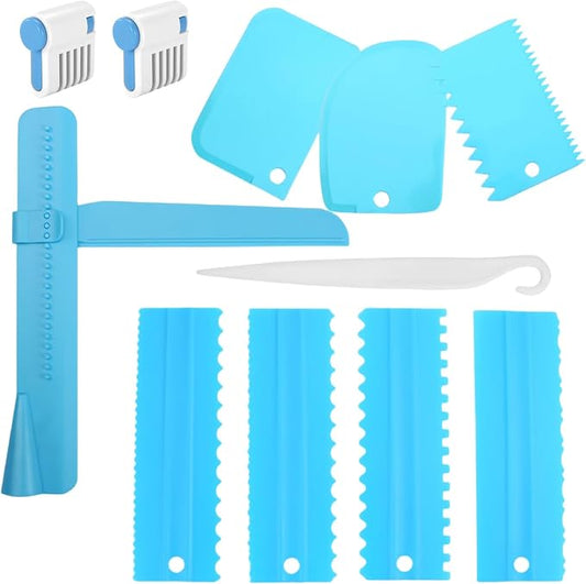 11 Pcs Cake Scraper Set Cake Edge Scraper Cutters with Adjustable Butter Smoothing Cream Scraper Tool Cake Decorating Comb Icing Smoother for Cake Cream Baking Decorating- (Blue)