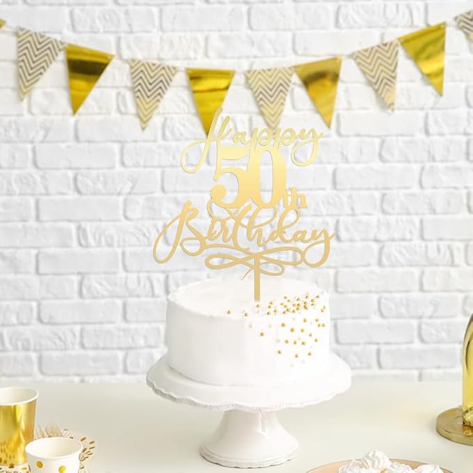 Happy 50th Birthday Cake Topper,Mirrored Gold Acrylic Durable Cake Topper，Hello 50, Cheers to 50 Years/50th Anniversary,50th Birthday Party Cake Decorations，Birthday Party Decorations