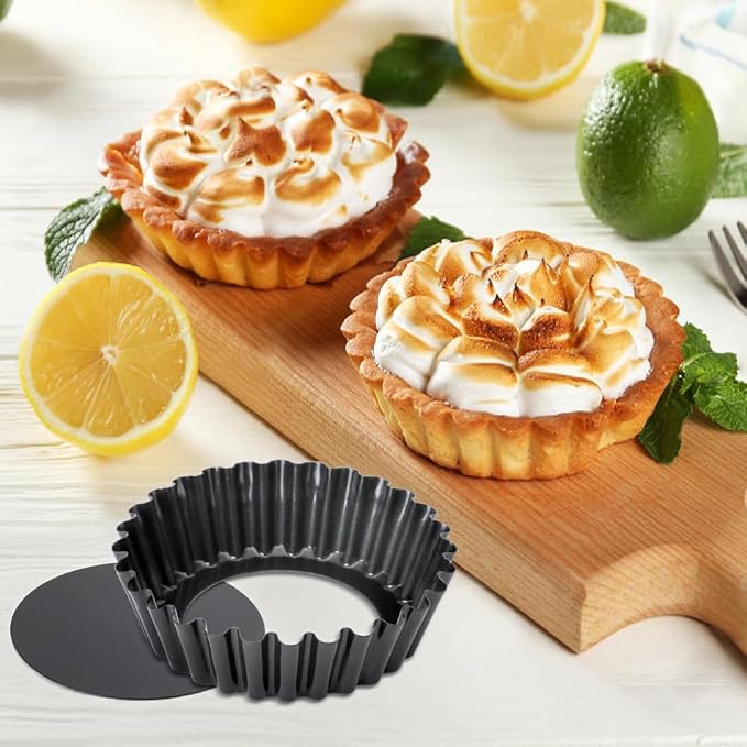 4 Pack 4 Inch Mini Tart Pans with Removable Bottom, 1.2 Inch Deep Nonstick Mini Pie Pans Quiche Pan Round, Tart Pans Bakeware Mold Fluted Side for Pies with Oil Brush&Silicone Scrubber
