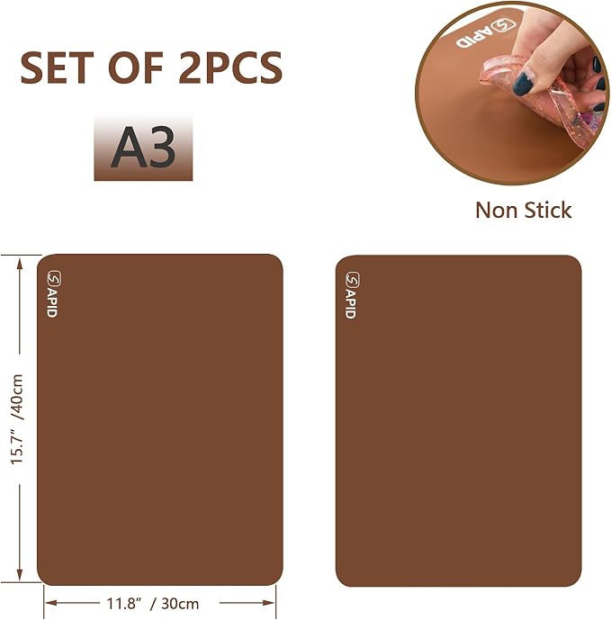 Sapid 2Pcs Thick Silicone Mat for Crafts, Nonstick Silicon Sheet for Epoxy Resin, Jewelry Mold Casting, Art Painting Mats, Food Grade Pastry Mat, Heat- Resistance Placemats (15.7"×11.8", Brown)
