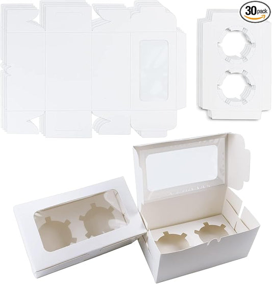 30 Pack White Paper Cupcake Boxes with 2 Cavity Cookie Gift Boxes with Clear Window 2 Treat Holder Cupcake Containers Bakery Cake Box for Birthday Party Holiday Bakery Supplies