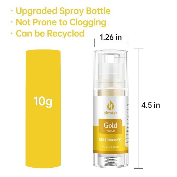 Gold Edible Glitter Spray – Herbeklab 10g Food Grade Edible Shimmer Spray for Cakes, Cookies, Chocolate, Strawberries, Drinks and Cocktails– Upgraded Bottle Design