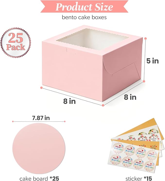 COTOPHER 50 Pcs Cake Boxes 8 Inch, 8x8x5 Inches Cake Containers (25 Boxes & 25 Boards), Pink Bakery Boxes with Windown for Cookies, Desserts, Cupcake, Pastries, Birthday, Wedding, Mother's Day