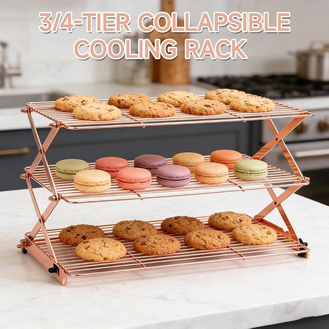3-Tier Upgraded Collapsible Cooling Rack,Stackable Roasting Cooking Drying Wire Cooling Rack– Expand to Bake,Collapse to Save Space,Cookies Baking Gifts Drying Racks for Cake,Roasting,Grilling (Rose)