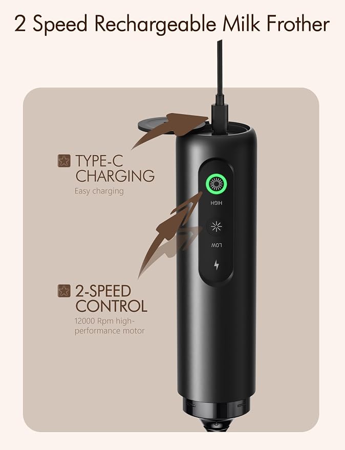 Rechargeable Milk Frother Hanheld 2 Speed, Frother Wand Drink Mixer Handheld Coffee Stirrers Electric Frother for Coffee Mixer Wand -Black