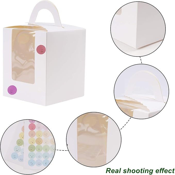 KEYIDO 30 Pcs Individual Cupcake Boxes White Single Cupcake Boxes 1 Hole Cake Box with Clear Window Inserts and 2 Sheets of Stickers for Wedding Birthday Party Favors