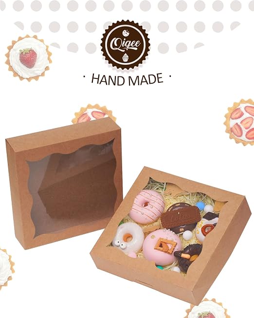 qiqee Auto-pop Up Brown Pie Boxes with Window 12x12x3 Inch 24Packs Cookie Donut Bakery Box