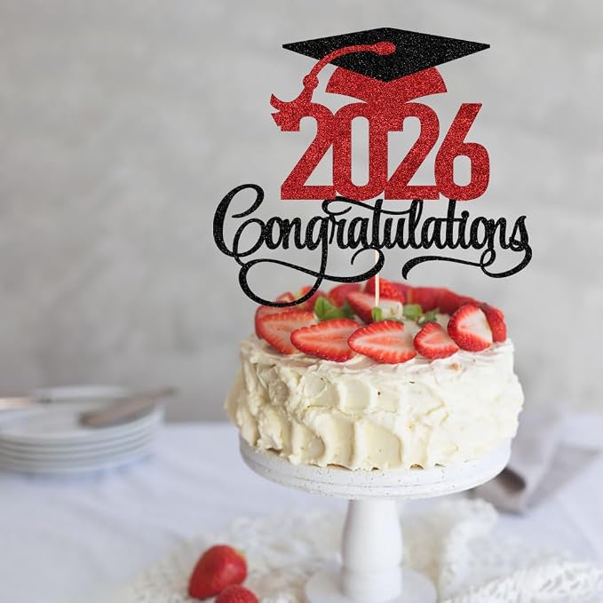 Black red Glitter 2026 Congratulations Graduation Cake Topper,Congrats Grad Cake Decor - 2026 High School/College/Senior Graduation Party Decorations Supplies