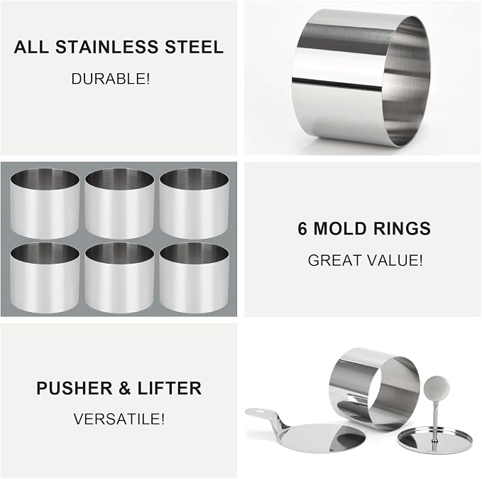 6 Pack Cake Ring Molds with 1 Pusher 1 Lifter, 3 Inch Seamless Mini Cheese Cake Cutter Ring Set, Stainless Steel Mini Food Mold for Mousse, Food Plating, Cookies, Baking (Round)