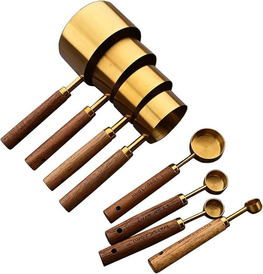8 pieces Golden Measuring Cups Set and Measuring Spoons Set with Scale, BRIIEC Wooden Handle Stainless Steel Dry & Liquid Measuring Cup for Cooking Baking