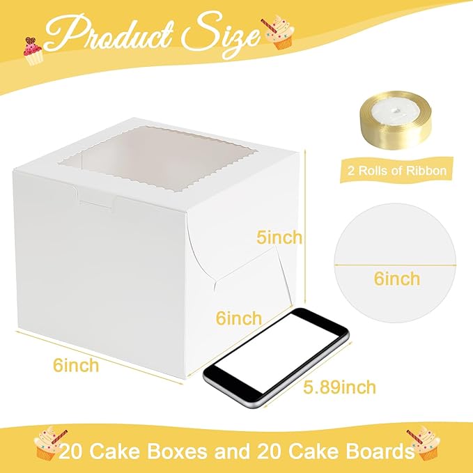 Retainbre 40pcs 6x6x5 Inch Mini Cake Boxes with Cake Boards Small Bakery Boxes with Window 6 Inch Bento Cake Box for Cookie Pastry Wedding Birthday Party Christmas (20 Boxes and 20 Boards, White)