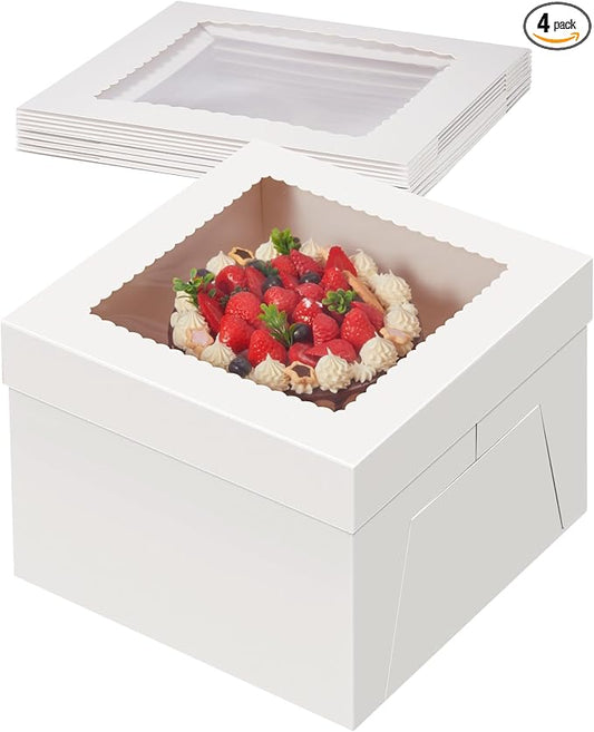 Kootek 4pcs Cake Boxes, 12x12x8 Inches Tall Cake Box with Window, White Bakery Boxes, Large Baking Boxes, Square Cardboard Cake Box for Multi-Layer Cakes, Cake Decorating Supplies for Gift Giving