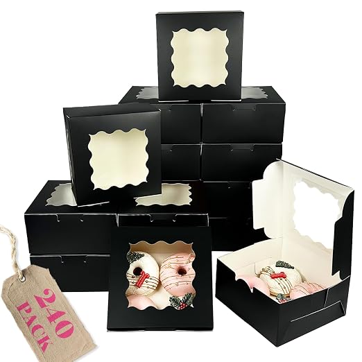 Bakepacker 240pcs Black Cookie Boxes 6x6x3 inches Easy Assemble Macaroon Pastry Boxes Bakery Boxes with Window for Bakery