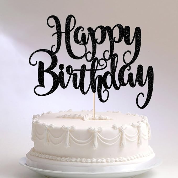 Happy Birthday Cake Topper- Glitter Happy Birthday Cake Decor, Handmade Anniversary/Birthday Party Supplies (Black)