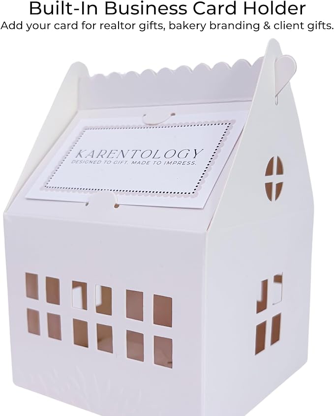30 Pcs Cottage House Cookie Boxes with Window & Business Card Holder, White, 4 x 4 x 6 in Bakery Gift Boxes for Treats, Desserts, Party Favors & Realtor Pop By Gifts