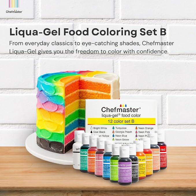 Chefmaster - Liqua-Gel Food Coloring - 12 Color Set B - Fade Resistant - 12 Pack - Vibrant, Eye-Catching Colors, Easy-To-Blend Formula, Fade-Resistant - Made in the USA