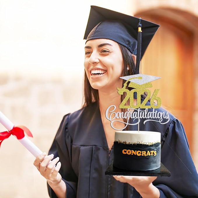 Silver-gold 2026 Congratulations Graduation Cake Topper,Congrats Grad Cake Decor - 2026 High School/College/Senior Graduation Party Decorations Supplies