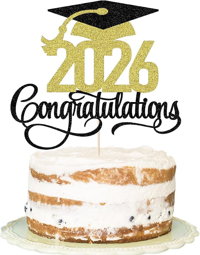 Black Gold Glitter 2026 Congratulations Graduation Cake Topper,Congrats Grad Cake Decor - 2026 High School/College/Senior Graduation Party Decorations Supplies (Black gold)