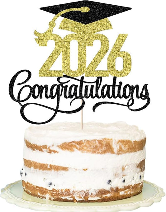 Black Gold Glitter 2026 Congratulations Graduation Cake Topper,Congrats Grad Cake Decor - 2026 High School/College/Senior Graduation Party Decorations Supplies (Black gold)