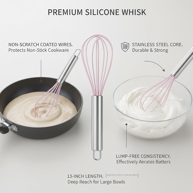 Multipurpose Silicone Whisk for Batters, Sauces & Eggs - Non-Scratch Coated Wires with Stainless Steel Core, 13 Inch Kitchen Tool