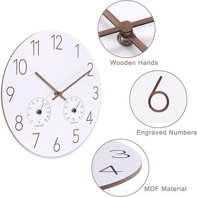 14 Inch Wall Clock, Wooden Frame Wall Clocks Decorative for Kitchen Living Room Bedroom Housewarming