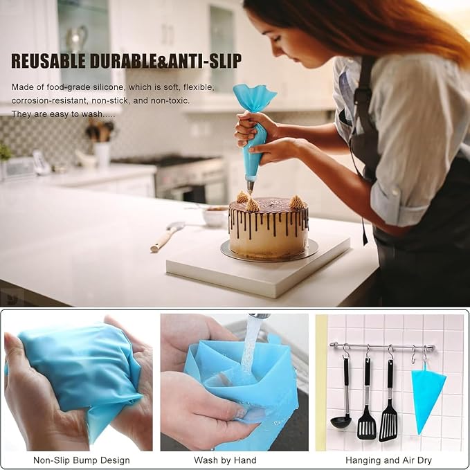 21pcs/set Cake Decorating Tools,Piping Bags and Tips Set;with 2pcs Reusable Icing Pastry Bags,Set Of 3 Scrapers,12 Different Icing Bags Tips, 2 Piping Bags Couplers and 2 Frosting Bags Ties