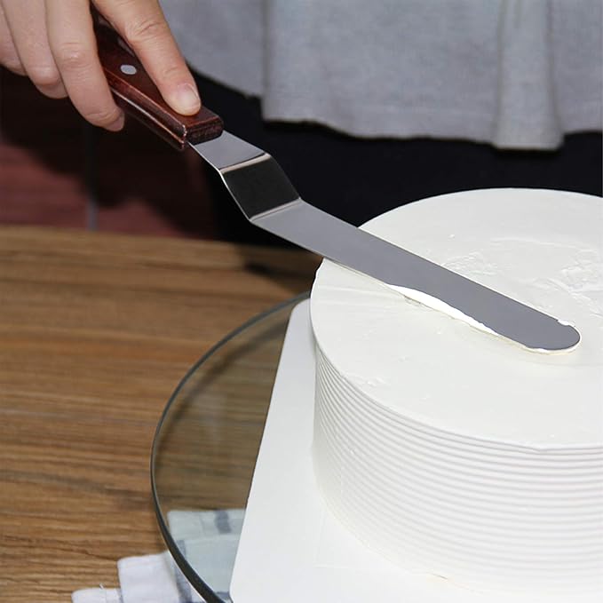 4 Packs Offset Spatula, Stainless Steel Cake Icing Spatula Set 4” 6” 8” 10”with Wooden Handle and 3 Packs Cake Smoother Scraper Set for Cake Decorating, Baking (Angled)