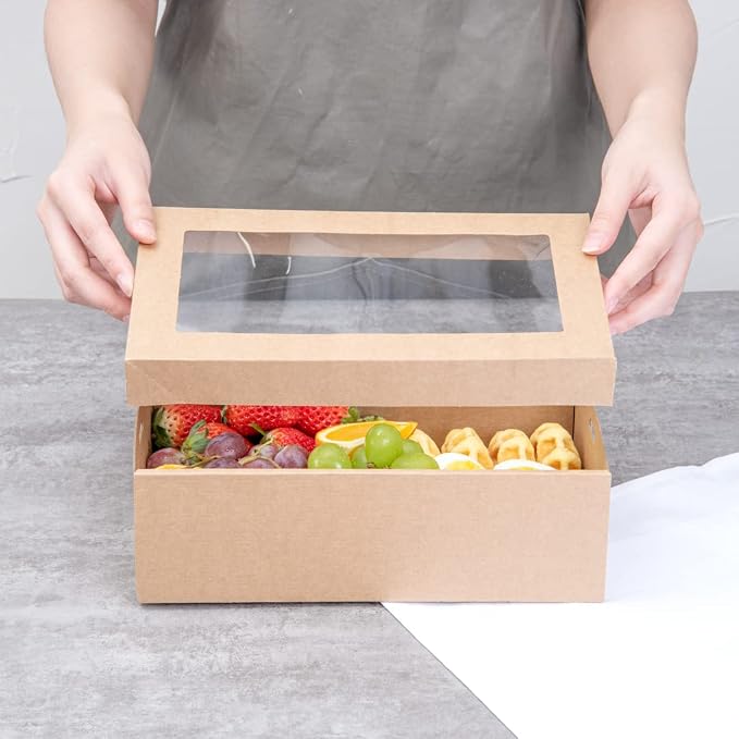 Restaurantware Cater Tek 10.2 x 6.1 x 3.2 Inch Baked Goods Boxes 100 Insert Tab Lock Window Pastry Boxes - Window Lids Easy Assembly Kraft Paper Catering Boxes For Charcuterie Or Cupcakes