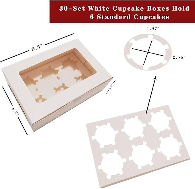 30 Pack Cupcake Boxes Bulk with Clear Display Window Hold 6 Standard Cupcakes, Disposable Food Grade White Cupcake Carrier Cupcake Container, Perfect for Cupcakes Muffins Cookies Pastries