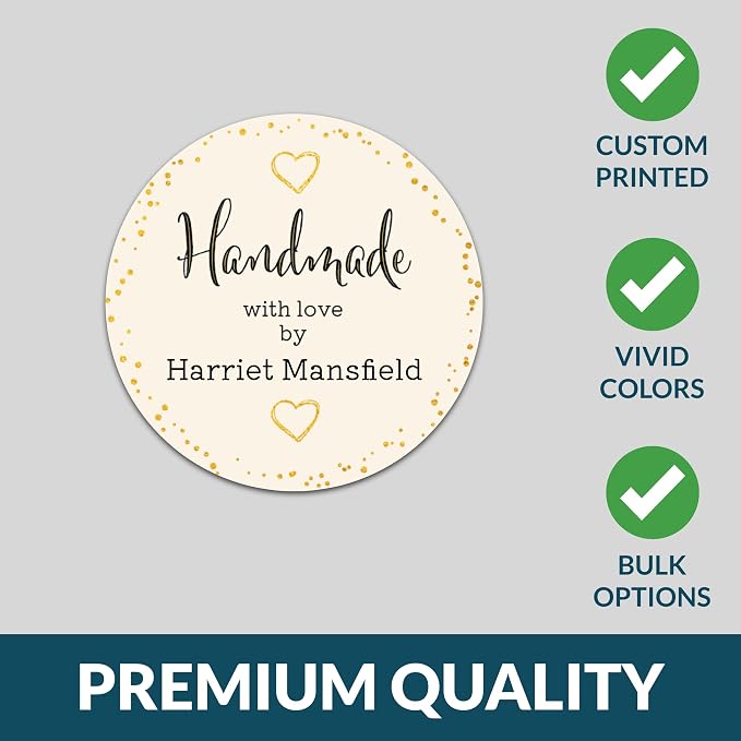 Personalized Handmade with Love Stickers – Custom 2" Round Packaging Labels for Small Business Orders, Gifts, Boxes & Envelopes (50–1000 Stickers) (Gilded Lettering)