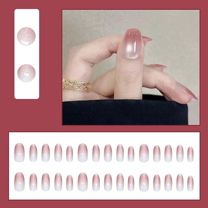 24Pcs Press on Nails Short Almond ZWENJIE Cat Eye Fake Nails Press ons Nail Tips Stick on Nails Glitter Tip Acrylic Nails Kit French False Nails with Butterflies Design Nail Art for Women Manicure