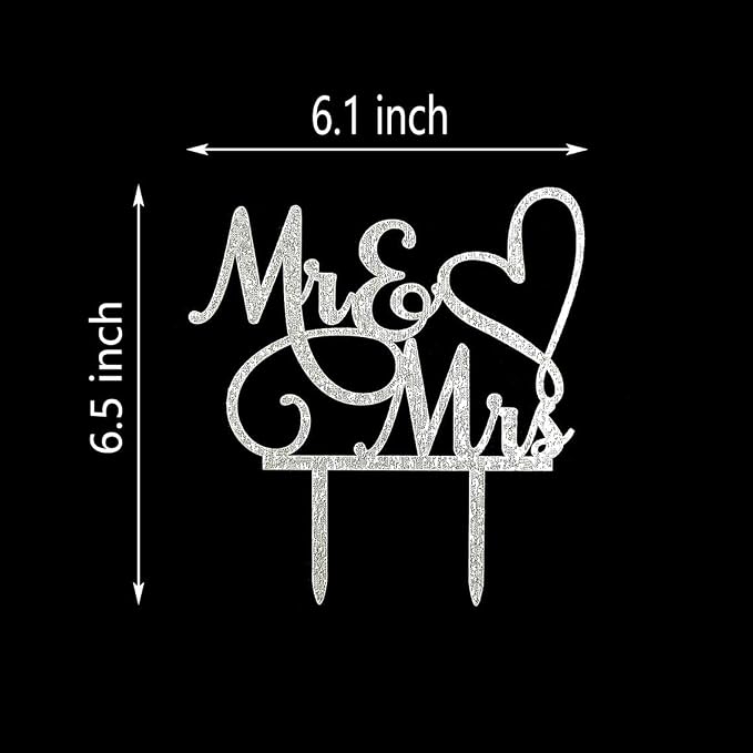 Mr and Mrs Cake Topper Decoration For Bride and Groom Sign Wedding/Engagement , Silver Glitter Acrylic