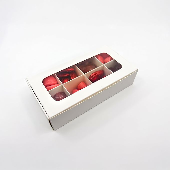 20pcs White Treat Boxes with Window and Dividers | 8 X-SMALL compartments | 6.75 x 3.5 x 1.57 in | Empty candy boxes for gift giving, truffle box - perfect for Valentine's Day
