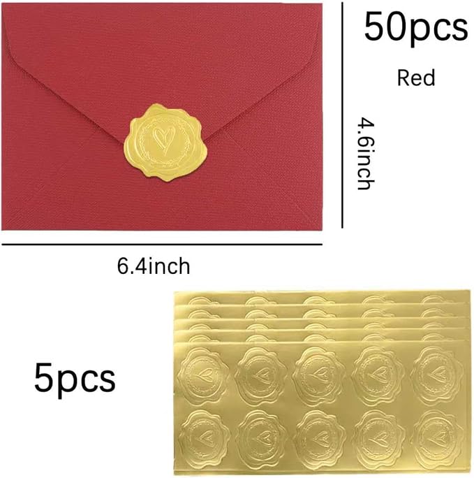 50 Pack 4x6 Red Linen Envelopes with Gold Wax Seals - Handmade Look A6 Vintage Envelopes & Self-Adhesive Seal Stickers for Greeting Cards, love letter, Wedding, Party Invitation