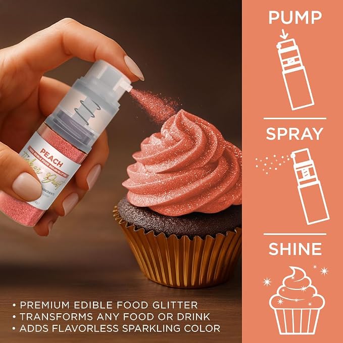 Bakell - Peach Tinker Dust (4g, 1x Mini Spray Pump) Edible Glitter for Food, Desserts, and Baked goods!