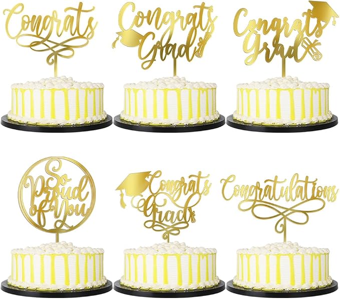 PALASASA Congrats Grad Cake Topper-Class of 2026 Graduate Party-2026 High School/College/Senior Graduation Party 6 kinds Design Graduation Acrylic Cake Decorations (6 Pcs, Gold)