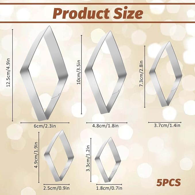 5 Pack Rhombus Diamond Shaped Cookie Cutters Diamond Fondant Cutter | Diamond Fondant Mold Rhombus Geometric Shape Small Molds for Cutting Cookies, Stainless Steel,5" 4" 3" 2" 1 Inch, Silver