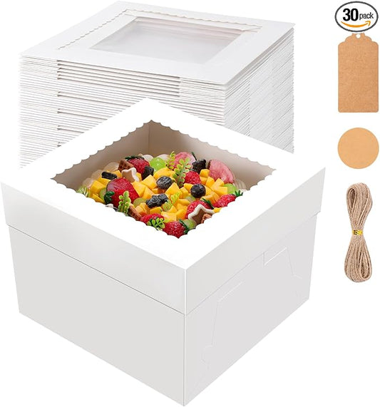 NEOACT 30Pcs Cake Boxes, 10x10x8 Inch Tall Bakery Boxes with Windows, Disposable Cakes Transport Containers with Lids for Cakes,Pie,Cupcakes, Pastry, Birthday, Wedding, Mother's Day