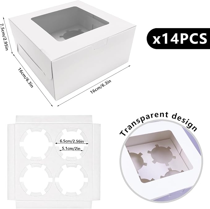 MUMULULU 14 PCS White Paper Cupcake Boxes with 4 Cavity Cookie Gift Boxes with Clear Window 4 Treat Holder Cupcake Containers Bakery Cake Box for Birthday Party Bakery Supplies