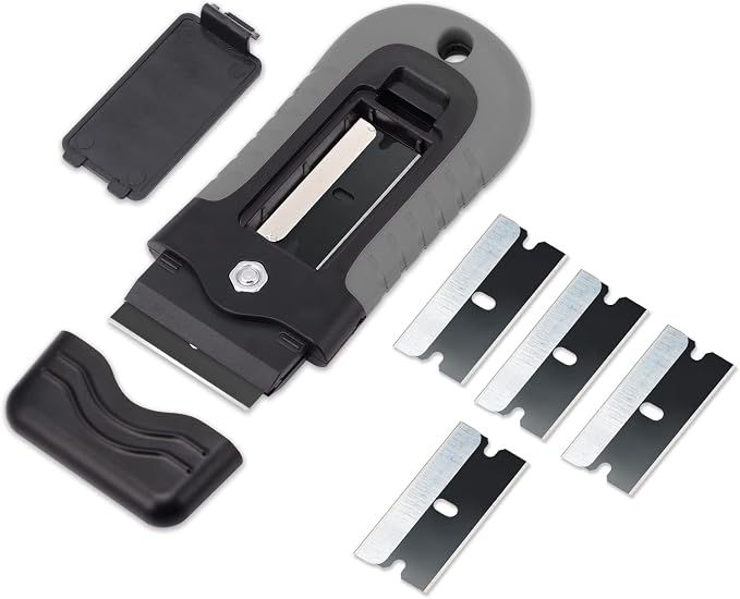 Gomake Locking Razor Blade Scraper with Safety Cap, Glass Cooktop Scraper with 10PCS Black Carbon Steel Blades for Glass Clean, Paint and Old Label,Decal Sticker Remover, Stove Top Scraper Tool