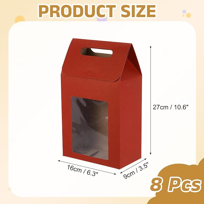 uxcell 8Pcs Gift Boxes, Favor Box with Clear Window and Handle, Stand Up Favor Treat Boxes for Candy, Cookies, Party Store, Packaging, Wedding, Dark Red