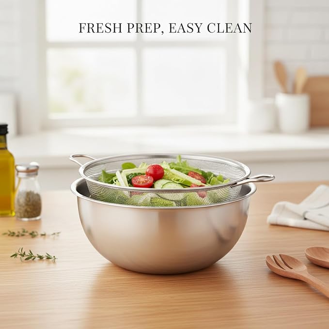 Stainless Steel Mixing Bowl Set with Nested Strainer for Washing, Draining, and Food Prep
