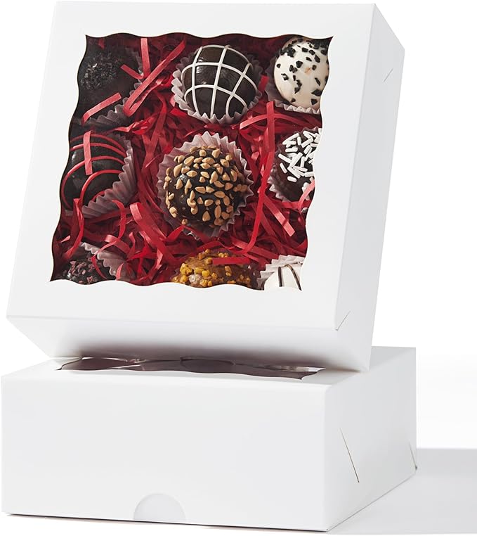 RomanticBaking 20PCS 6x6x2.5 Inches Elegant Bakery Boxes with Window,Ideal for Cookies,Chocolate Covered Strawberries, Cakes, Macarons, Truffles,and More,Easy to Assemble, Transparent Window,
