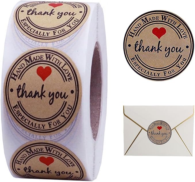 1.5 Inch Handmade with Love Stickers,500Pcs Thank You with Love Heart Sticker Baked Stickers Paper Lables Tags for Baking Packaging,Homemade Gift,Envelope Seals,Party Gift Wrap Bag (Brown01)