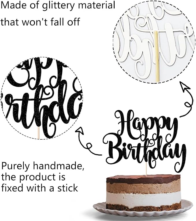 Happy Birthday Cake Topper- Glitter Happy Birthday Cake Decor, Handmade Anniversary/Birthday Party Supplies (Black)