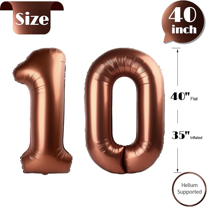 Dark Brown Number 10 Balloon 40 inch, Coffee Brown 10 Number Balloons, 10th Birthday Decorations, Chocolate 10 Year Old Girls Boys Dark Brown Party Supplies