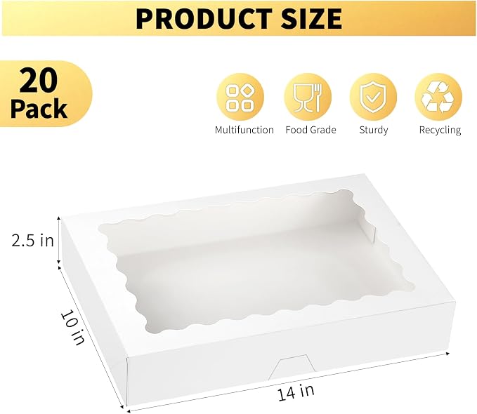 Ocmoiy 20 Pack Cookie Boxes, 14x10x2.5 Inch Large Bakery Boxes with Window, Auto-Popup Treat Box for Chocolate Covered Strawberries, Pies, Donuts, Muffins, Breakable Heart