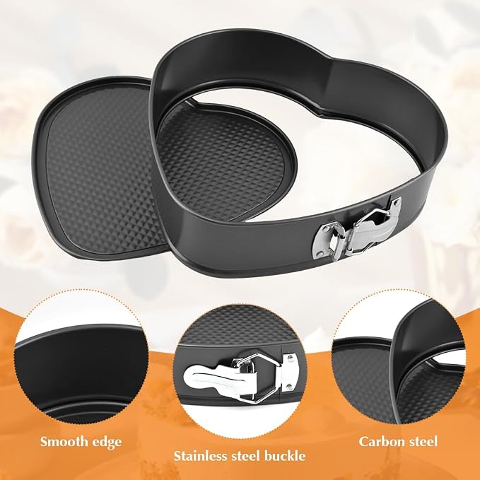Set of 3 Springform Cake Tins Heavy Duty, Double Layer Non-Stick Coating, Removable Base, Heavy Duty Carbon Steel, Perfect for Frozen Desserts - Oven Safe Bakeware (heart-shaped)