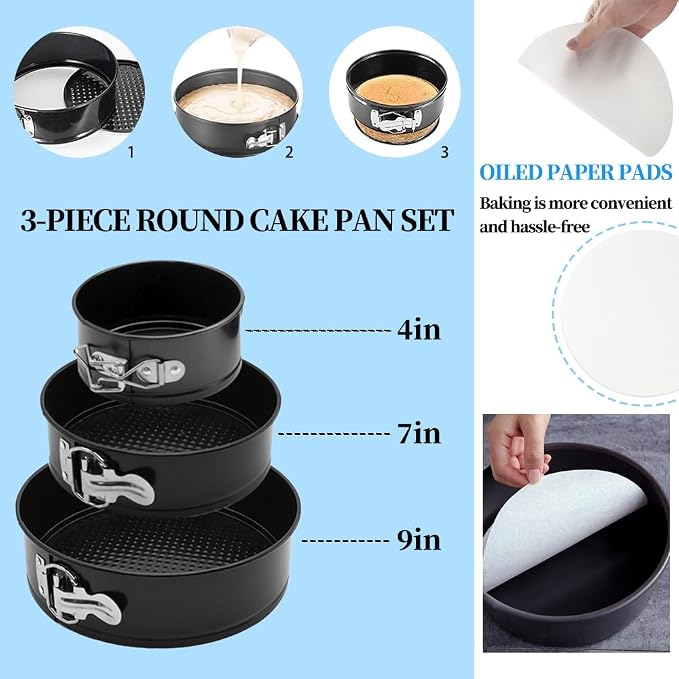 179PCS Cake Pan Set for Baking,3PCS Springform Round Cake Pans(4,7,9 Inch) | Non-Stick Springform Pan,65 Baking Cups,30Parchment paper liners,Piping Tips and Bags for Cake Decorating